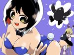  animal_ears bare_shoulders bird black_hair blonde_hair blue_background bow bowtie breasts bunny_ears bunnysuit bushyasta_(samon-kun) caim_(samon-kun) cleavage flustered high_heels m_o_(prftz) multiple_girls open_mouth samon-kun_wa_summoner short_hair simple_background sleeping teshigawara_sakura yellow_eyes 