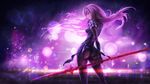  arm_behind_back armor ass blurry blurry_background bokeh cowboy_shot depth_of_field fate/grand_order fate_(series) from_behind hand_on_own_chin highres holding holding_weapon long_hair looking_at_viewer looking_back polearm profile purple_hair red_eyes scathach_(fate)_(all) scathach_(fate/grand_order) skyde_kei solo twisted_torso weapon 