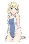  blonde_hair blue_eyes competition_swimsuit cowboy_shot hair_ornament hairclip highleg highleg_swimsuit one-piece_swimsuit original purple_swimsuit short_hair simple_background sitting solo swimsuit tamu_(mad_works) wet white_background 