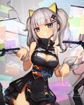 bangs bare_arms blue_eyes blunt_bangs breasts character_name cleavage cleavage_cutout contrapposto cowboy_shot dated dress english eyebrows_visible_through_hair grey_hair grin groin hair_ornament hairclip head_tilt jakoujika kaguya_luna kaguya_luna_(character) long_hair looking_at_viewer medium_breasts no_panties obi pointing pointing_down sash screen sleeveless sleeveless_dress smile solo standing twintails virtual_youtuber wristband 