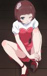  blush brown_hair flower green_eyes hair_flower hair_ornament hairband haruyama_kazunori high_heels one_eye_closed panties red_hairband red_panties short_hair short_sleeves sitting solo suzuki_moka underwear wake_up_girls! wince 