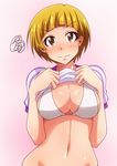  bikini bikini_under_clothes blonde_hair blush bottomless breasts brown_eyes closed_mouth fukuda_noriko idolmaster idolmaster_million_live! large_breasts lifted_by_self looking_at_viewer navel pink_background shirt shirt_lift short_hair solo stomach swimsuit t-shirt tanuki_(metaltanuki) wavy_mouth white_bikini_top 