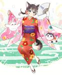  animal_ears bird black_hair blue_eyes blush_stickers character_name dera_mochimazzui dog dog_ears dog_tail fan floral_print full_body happy_birthday japanese_clothes kimono kitashirakawa_tamako long_ponytail looking_at_viewer low_ponytail momose_(oqo) red_kimono sandals smile tail tamako_market 