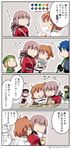  4girls 4koma ? ahoge asaya_minoru bare_shoulders beret blonde_hair blue_hair braid breasts brown_hair chaldea_uniform comic cu_chulainn_(fate/prototype) detached_collar detached_sleeves dress facial_hair fate/grand_order fate/prototype fate_(series) florence_nightingale_(fate/grand_order) fujimaru_ritsuka_(female) gloves goatee hair_ornament hair_scrunchie hat hector_(fate/grand_order) helena_blavatsky_(fate/grand_order) lancer large_breasts long_hair military military_uniform misunderstanding multiple_boys multiple_girls one_side_up open_mouth orange_hair paul_bunyan_(fate/grand_order) pink_hair purple_hair scrunchie short_hair side_ponytail single_braid smile speech_bubble strapless strapless_dress thought_bubble translated twitter_username uniform yellow_scrunchie 