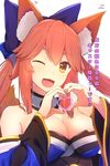  :3 :d animal_ears bare_shoulders bow breasts cleavage commentary_request cuon_(kuon) detached_sleeves eyebrows_visible_through_hair fang fate/extra fate_(series) fox_ears hair_ribbon heart heart_hands japanese_clothes large_breasts long_hair looking_at_viewer one_eye_closed open_mouth pink_hair ribbon simple_background smile solo tamamo_(fate)_(all) tamamo_no_mae_(fate) translation_request upper_body white_background yellow_eyes 