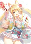  amamiya_mei animal_ear_fluff animal_ears bangs blonde_hair blue_eyes breasts commentary contrapposto cowboy_shot detached_sleeves eyebrows_visible_through_hair floral_print flower fox_ears fox_tail hagoita hair_between_eyes hair_flower hair_ornament hanetsuki highres holding japanese_clothes kimono large_breasts long_hair looking_at_viewer new_year obi one_eye_closed open_mouth original outstretched_arm p19 paddle panties pantyshot pantyshot_(standing) sash short_kimono smile solo standing tail twintails underwear very_long_hair white_background wide_sleeves x_hair_ornament 
