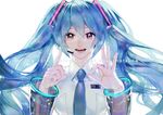  1girl anniversary blue_eyes blue_hair detached_sleeves floating_hair hatsune_miku headphones headset long_hair looking_at_viewer nail_polish necktie open_mouth otani_(gloria) solo twintails very_long_hair vocaloid 