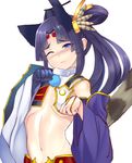 animal_ears armor bad_id bad_pixiv_id bangs black_hair blue_gloves blush breasts detached_sleeves dog_ears fate/grand_order fate_(series) gloves hat japanese_armor koucha_maru long_hair medium_breasts mismatched_sleeves navel nose_blush one_eye_closed parted_bangs paw_pose revealing_clothes shoulder_armor side_ponytail simple_background single_glove sode solo tokin_hat underboob ushiwakamaru_(fate/grand_order) white_background wide_sleeves 