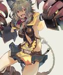  :3 :d animal_ears arms_up bangs belt belt_collar breasts claws collar fangs granblue_fantasy green_hair hair_between_eyes jumping kibadori_rue looking_at_viewer medium_breasts navel open_mouth red_eyes revealing_clothes sen_(granblue_fantasy) smile solo 