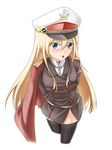  absurdres arms_behind_back belt blonde_hair blue_eyes blush cape commentary_request deutschland_(zhan_jian_shao_nyu) eyebrows_visible_through_hair hat highres long_hair looking_at_viewer military military_hat military_uniform open_mouth shukyou solo thighhighs uniform white_background zhan_jian_shao_nyu 