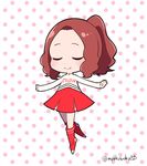  alternate_costume blush brown_hair cheerleader closed_eyes commentary_request do_m_kaeru okumura_haru persona persona_5 persona_5:_dancing_star_night persona_dancing polka_dot polka_dot_background ponytail red_footwear red_legwear short_hair smile socks twitter_username 