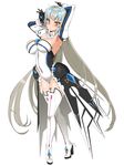  absurdres armpits black_gloves boots breasts code:_battle_seraph_(elsword) elsword eve_(elsword) full_body gloves grey_hair high_heels highres large_breasts long_hair looking_at_viewer silver_hair smh1069 solo standing thigh_boots thighhighs very_long_hair white_background white_legwear yellow_eyes 