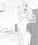  :d apron ass blush bow breasts greyscale hair_ornament half-closed_eyes henyaan_(oreizm) indoors kaguya_luna kaguya_luna_(character) kitchen ladle large_breasts monochrome naked_apron open_mouth overalls seductive_smile sideboob sink smile solo twintails virtual_youtuber 