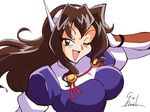  90s ashigara_(kantai_collection) blouse breasts brown_eyes brown_hair choroli_(chorolin) elbow_gloves fangs gloves hairband horned_headwear kantai_collection large_breasts long_hair open_mouth signature smile solo uniform wavy_hair white_background white_gloves 