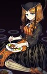  black_dress blue_eyes bow braid brown_hair buranko_(marchen) dress food fork freckles gijang hair_bow highres holding holding_knife knife long_hair looking_at_viewer marchen meat noose orange_bow plate solo sound_horizon striped striped_legwear twin_braids vertical-striped_legwear vertical_stripes 
