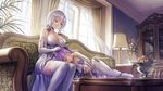  anbe_yoshirou azur_lane blue_eyes breasts cleavage commentary_request couch cupboard curtains dress elbow_gloves gloves highres illustrious_(azur_lane) lampshade lap_pillow large_breasts lying multiple_girls on_side revision stuffed_alicorn stuffed_animal stuffed_toy thighhighs unicorn_(azur_lane) white_hair white_legwear window 