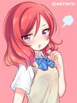  bangs blue_neckwear blush bow bowtie chestnut_mouth collared_shirt diagonal_stripes eyebrows_visible_through_hair hair_between_eyes hair_twirling hand_up long_hair looking_at_viewer love_live! love_live!_school_idol_project marshmallow_mille nishikino_maki parted_lips pink_background purple_eyes red_hair shirt simple_background solo striped sweater_vest twitter_username white_shirt 