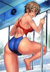 absurdres ass bang-you bare_shoulders blue_eyes blue_swimsuit blush breasts brown_hair cameltoe competition_swimsuit from_behind hair_between_eyes highres indoors large_breasts looking_at_viewer looking_back one-piece_swimsuit open_mouth original pool pool_ladder poolside scan shiny shiny_clothes shiny_hair shiny_skin short_hair skin_tight solo swimsuit tan water wet 