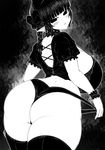  animal_ears ass bangs black_background blunt_bangs bow bra braid breasts cat_ears curvy from_behind greyscale hair_bow haseru_(ginku_mh) huge_breasts kaenbyou_rin looking_at_viewer looking_back monochrome no_pants panties panty_pull sidelocks solo thick_thighs thighhighs thighs touhou underwear wide_hips wrist_cuffs 