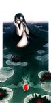  bird black_hair commentary_request covered_face crane_(animal) curse deviantart_username extra_arms fish flower hands_up highres horror_(theme) koi lake long_hair lotus nude original pale_skin solo very_long_hair water_surface wenqing_yan 