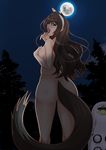  animal_ears ashigara_(kantai_collection) ass commentary_request covering covering_breasts dennou_coil exhibitionism facing_away fingernails headband highres kantai_collection long_fingernails long_hair looking_at_viewer moon night night_sky nude open_mouth outdoors parody satchii sky solo tail tk_(butakuma) tree upper_body wavy_hair wolf_ears wolf_tail yellow_eyes 