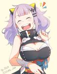  ^_^ artist_name blush boca breasts cleavage cleavage_cutout closed_eyes commentary hair_ornament kaguya_luna kaguya_luna_(character) large_breasts laughing lavender_hair open_mouth short_hair simple_background sleeveless solo tears twintails twitter_username virtual_youtuber yellow_background 