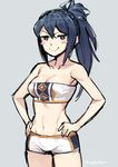 blue_hair blush blush_stickers bra breasts cleavage fire_emblem fire_emblem_if fire_emblem_musou gebyy-terar long_hair looking_at_viewer medium_breasts navel oboro_(fire_emblem_if) ponytail simple_background sketch smile solo underwear 