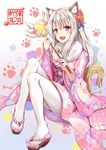  :d animal_ears commentary_request fate/kaleid_liner_prisma_illya fate_(series) flower hair_flower hair_ornament highres illyasviel_von_einzbern japanese_clothes kimono konka looking_at_viewer magical_ruby open_mouth pantyhose pink_eyes sitting smile solo tabi tail white_legwear 