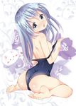  :o ass barefoot blue_eyes blue_hair blush breasts commentary_request feet gochuumon_wa_usagi_desu_ka? hair_ornament highres kafuu_chino kohakugin long_hair looking_at_viewer looking_back nipples one-piece_swimsuit school_swimsuit sitting small_breasts soles solo swimsuit tippy_(gochiusa) wariza x_hair_ornament 