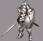  armor boots brown_eyes full_body grey_background grey_hair headband holding holding_sword holding_weapon knight looking_at_viewer matsuki_akira original sheath shield solo standing sword weapon 