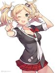  blonde_hair blue_eyes breasts cleavage cosplay danganronpa danganronpa_1 enoshima_junko enoshima_junko_(cosplay) fire_emblem fire_emblem:_kakusei gebyy-terar hair_ornament liz_(fire_emblem) long_hair looking_at_viewer medium_breasts necktie open_mouth short_twintails skirt sleeves_rolled_up smile solo spoilers twintails v white_background 