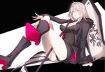  arm_on_knee arm_support ass bangs black_dress black_jacket black_panties boots breasts cleavage commentary crossed_legs dress expressionless eyebrows_visible_through_hair eyes_visible_through_hair fate/grand_order fate_(series) flag flagpole fur-trimmed_jacket fur_trim hair_between_eyes high_heel_boots high_heels jacket jeanne_d'arc_(alter)_(fate) jeanne_d'arc_(fate)_(all) jewelry knee_boots large_breasts light_particles long_sleeves looking_at_viewer myo_ne necklace open_clothes open_jacket outstretched_arm outstretched_hand panties pantyshot pantyshot_(sitting) parted_lips pendant pole short_dress short_hair silver_hair simple_background sitting solo thighs underwear white_skin wicked_dragon_witch_ver._shinjuku_1999 yellow_eyes 