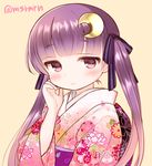  bangs beige_background blunt_bangs blush bow closed_mouth crescent crescent_hair_ornament eyebrows_visible_through_hair floral_print hair_bow hair_ornament hand_on_own_face hand_up japanese_clothes kimono long_hair long_sleeves looking_at_viewer marshmallow_mille obi patchouli_knowledge pink_kimono print_kimono purple_hair red_eyes ribbon sash simple_background smile solo striped striped_bow striped_ribbon touhou twintails twitter_username very_long_hair wide_sleeves 
