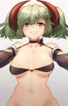  bare_shoulders bikini bikini_top black_bikini bottomless bow breasts choker demon_girl eyebrows_visible_through_hair gradient gradient_background green_eyes green_hair grey_background grin hair_ornament heart heart-shaped_pupils heart_hair_ornament highres hips horns looking_at_viewer medium_breasts mole mole_on_breast mole_under_mouth naso4 naughty_face navel original raised_eyebrows red_eyes short_hair smile solo succubus sweat swimsuit symbol-shaped_pupils 