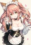  alternate_costume animal_ears breasts choker cleavage corset enmaided fang fate/grand_order fate_(series) fox_ears fox_shadow_puppet fox_tail highres long_hair maid maid_headdress medium_breasts pink_hair rin_yuu solo tail tamamo_(fate)_(all) tamamo_no_mae_(fate) tray twintails 