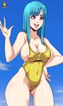  bare_arms bare_thighs blue_hair blush breasts cleavage clouds curvy dragon_ball dragonball_z female happy hips kyoffie12 large_breasts long_hair maron_(dragon_ball) navel nipple_slip nipples one-piece_swimsuit open_mouth outdoors outside purple_eyes sky smile solo stomach swimsuit teeth thick_thighs thighs tongue wide_hips yellow_swimsuit 