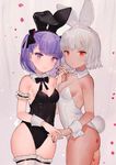  altera_(fate) animal_ears ass bare_shoulders black_bow black_leotard black_nails blush bow bowtie breasts bunny_ears bunny_girl bunny_tail bunnysuit cleavage dark_skin detached_collar eyebrows_visible_through_hair fake_animal_ears fate/extra fate/grand_order fate_(series) hair_bow helena_blavatsky_(fate/grand_order) holding_hands interlocked_fingers leotard looking_at_viewer miyako_(xxxbibit) multiple_girls nail_polish purple_eyes purple_hair red_eyes short_hair small_breasts smile strapless strapless_leotard tail thighhighs white_hair white_legwear white_leotard wrist_cuffs 