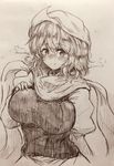  bangs blush breasts closed_mouth efukei eyebrows_visible_through_hair graphite_(medium) hair_between_eyes hat highres lapel_pin large_breasts letty_whiterock long_sleeves looking_at_viewer monochrome puffy_sleeves scarf short_hair solo touhou traditional_media 
