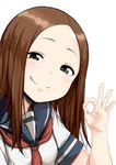  black_eyes blue_sailor_collar blush brown_hair closed_mouth commentary_request fingernails forehead hand_up head_tilt hews_hack karakai_jouzu_no_takagi-san long_hair looking_at_viewer neckerchief ok_sign red_neckwear sailor_collar school_uniform serafuku shirt short_sleeves simple_background smile solo takagi-san white_background white_shirt 