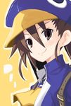  blue_hat blue_jacket blush brown_eyes brown_hair disgaea hat iwasi-r jacket kazamatsuri_fuuka makai_senki_disgaea_4 neckerchief prinny solo upper_body yellow_neckwear 