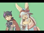  1other animal_ears brown_hair cape collar ears_through_headwear english fur furry green_background hair_between_eyes hat helmet highres horizontal_pupils horned_helmet horns just_do_it_(meme) letterboxed looking_at_viewer made_in_abyss mechanical_arms meme metal_collar nanachi_(made_in_abyss) open_mouth parody paws puffy_pants red_cape regu_(made_in_abyss) ria_(efikrisia) shia_labeouf silver_hair simple_background standing subtitled topless whiskers yellow_eyes 