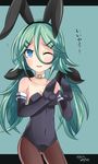  alternate_hairstyle animal_ears aqua_background bare_shoulders black_gloves black_leotard blue_eyes breasts brown_legwear bunny_ears bunny_girl bunny_tail bunnysuit choker cleavage dated detached_collar elbow_gloves fake_animal_ears gloves green_hair hair_between_eyes hair_ribbon hebitsukai-san highres kantai_collection leotard long_hair looking_at_viewer low_twintails medium_breasts one_eye_closed pantyhose ribbon solo strapless strapless_leotard tail text_focus twintails yamakaze_(kantai_collection) 