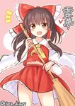  :d ascot bow broom brown_eyes brown_hair commentary detached_sleeves eyebrows_visible_through_hair hair_bow hair_tubes hakurei_reimu long_hair looking_at_viewer midriff open_mouth red_bow red_skirt sketch skirt smile solo sou_(soutennkouchi) standing touhou translated twitter_username yellow_neckwear 