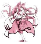  1girl animal_ears bangs bell belt blazblue bracelet candy capri_pants coat eyebrows eyebrows_visible_through_hair full_body glasses hair_between_eyes hand_on_hip kokonoe labcoat leg_up lollipop long_hair long_sleeves looking_at_viewer mazume midriff monochrome multiple_tails navel panties pants ponytail scowl simple_background solo standing stomach tail underwear very_long_hair whale_tail 