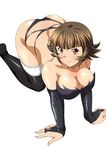  1girl ass back bare_back bare_shoulders bent_over blush breasts brown_eyes brown_hair butt_crack chouhi_ekitoku cleavage curvy female hips ikkitousen large_ass large_breasts looking_at_viewer looking_back short_hair simple_background smile solo tagme thick_thighs thighhighs thighs white_background wide_hips 