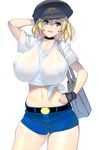  blonde_hair blue_eyes blush breasts commentary_request covered_nipples fingerless_gloves gloves hand_on_hip hat highres huge_breasts masao navel nipples no_bra open_mouth original peaked_cap see-through shirt short_hair short_shorts shorts simple_background solo white_background 