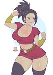  10s 1girl armband bare_arms bare_thighs black_eyes black_hair bokuman bracelet bracer breasts cleavage curvy dragon_ball dragon_ball_super earring earrings female hoop_earring jewelry kale_(dragon_ball) large_breasts lips parted_lips ponytail red_shirt saiyan smile solo spiked_hair stomach thick_thighs thighs wide_hips 