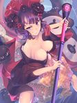  bare_shoulders breasts calligraphy_brush cleavage collarbone commentary_request fate/grand_order fate_(series) flower hair_flower hair_ornament highres japanese_clothes katsushika_hokusai_(fate/grand_order) looking_at_viewer medium_breasts octopus paintbrush pakupaku_choppu purple_eyes purple_hair short_hair smile solo tokitarou_(fate/grand_order) 