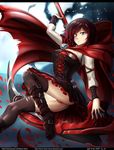  1girl boots cape corset crescent_rose gothic_lolita red_hair ruby_rose rwby silver_eyes solo thighhighs underwear 