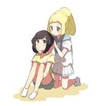  ankle_socks black_hair blonde_hair green_eyes green_shorts hairdressing kneeling lillie_(pokemon) long_hair mizuki_(pokemon) multiple_girls pokemon pokemon_(game) pokemon_sm shirt short_hair short_sleeves shorts simple_background sitting skirt socks unapoppo white_background white_shirt white_skirt 